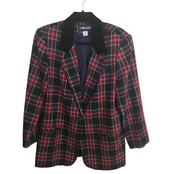 Sag Harbor Vintage Dark Academia Red Plaid Wool Blend Blazer Size 12p - Picture 1 of 7